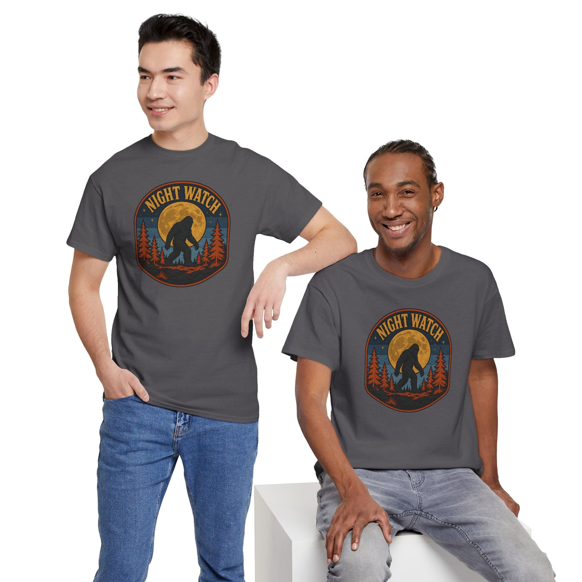 Sasquatch Night Watch T-Shirt - Retro Bigfoot Full Moon Badge Graphic Tee