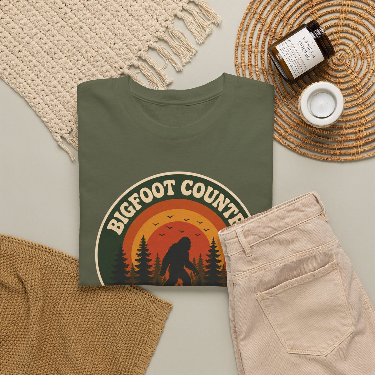 Bigfoot Country Sunset Badge T-Shirt - Retro Circular Graphic Tee