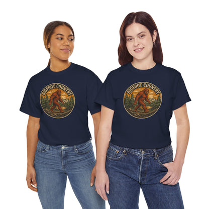 Bigfoot Country Vintage T-Shirt - Retro Sasquatch Forest Sunset Graphic Tee - Funny Cryptid Camper Gift