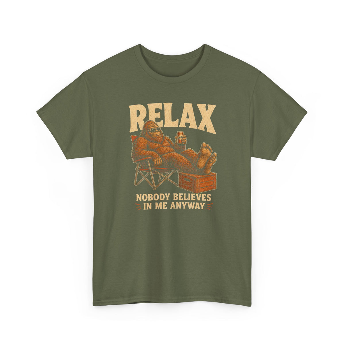 Relax Nobody Believes In Me T-Shirt - Funny Bigfoot Camp Chair Tee