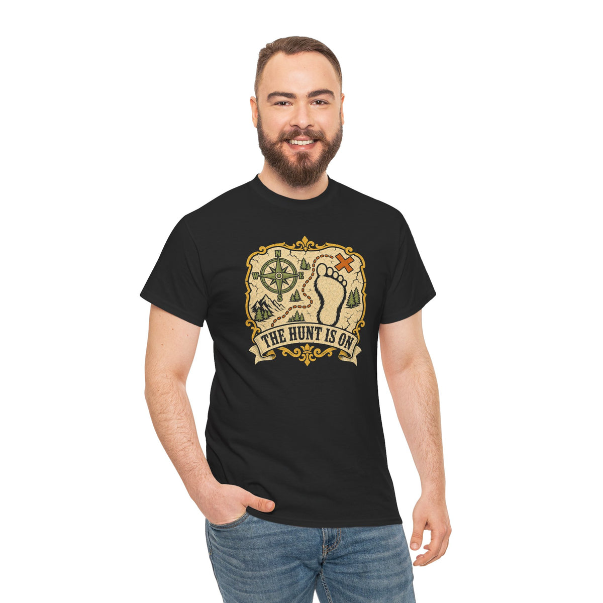 The Hunt Is On T-Shirt – Vintage Bigfoot Footprint Treasure Map Graphic Tee