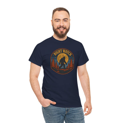 Sasquatch Night Watch T-Shirt - Retro Bigfoot Full Moon Badge Graphic Tee
