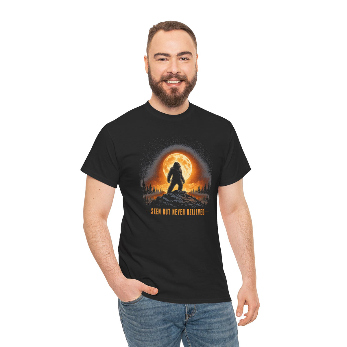 Atmospheric silhouette of a Bigfoot standing majestically in front of a glowing full moon on a hilltop T-Shirt - Atmospheric Gradient Sky Graphic Tee