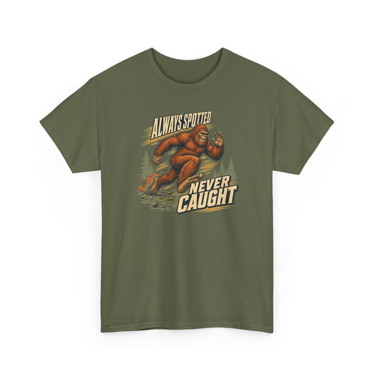Always Spotted Never Caught T-Shirt - Funny Bigfoot Running Graphic Tee