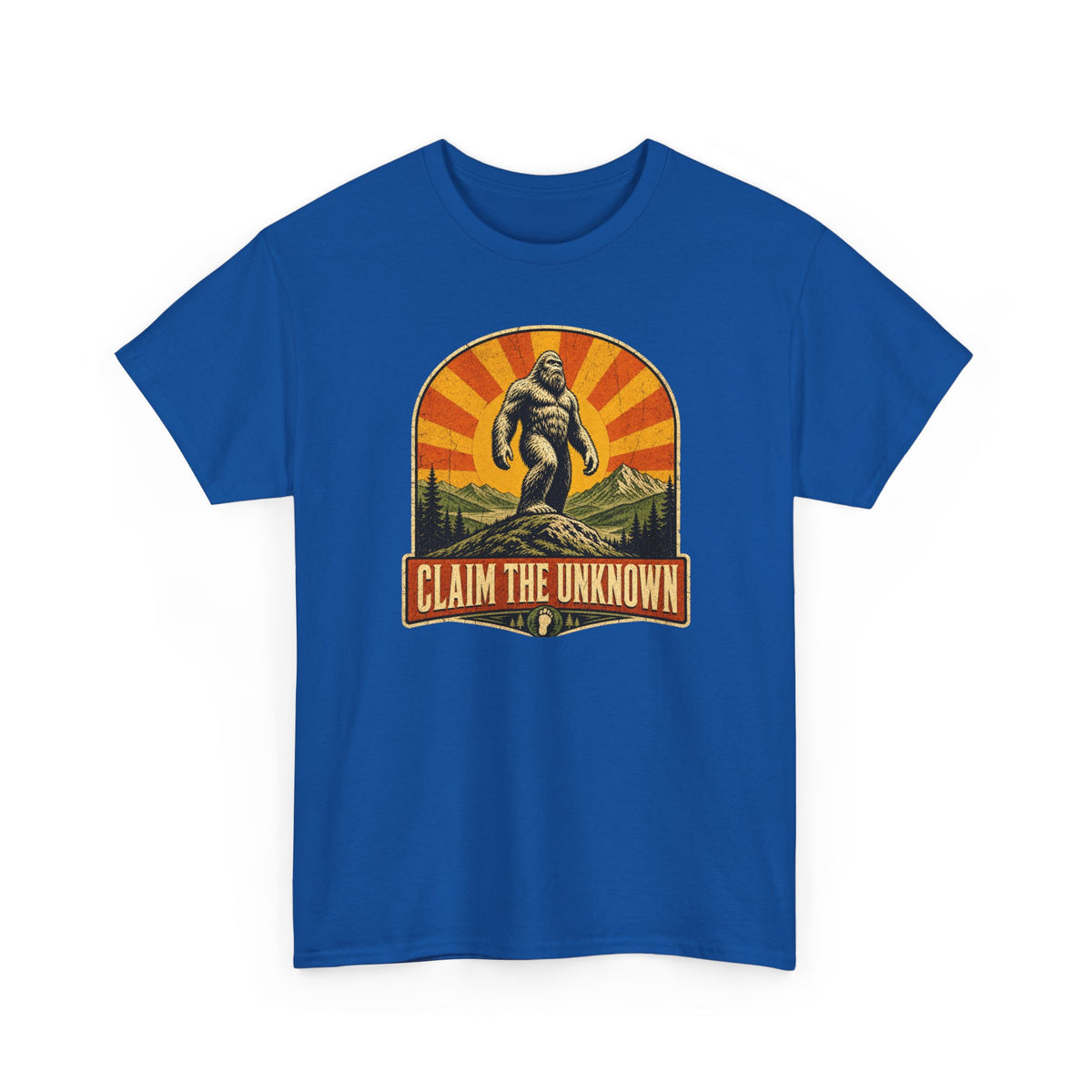 Claim The Unknown T-Shirt – Retro Bigfoot Sunburst Travel Poster Tee