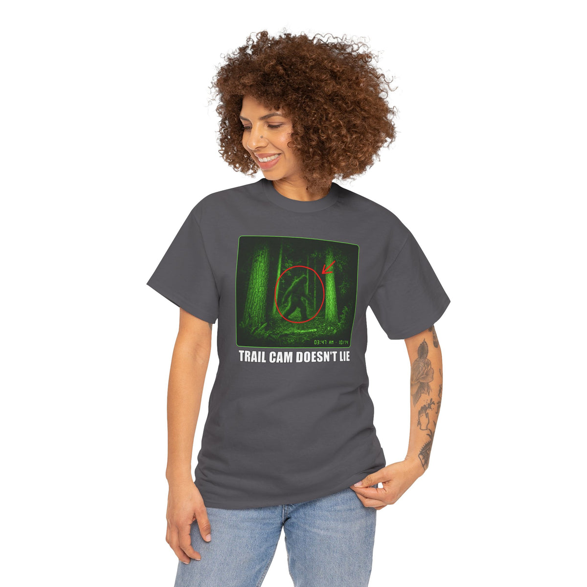 Trail Cam Doesn't Lie T-Shirt - Funny Night Vision Bigfoot Graphic Tee
