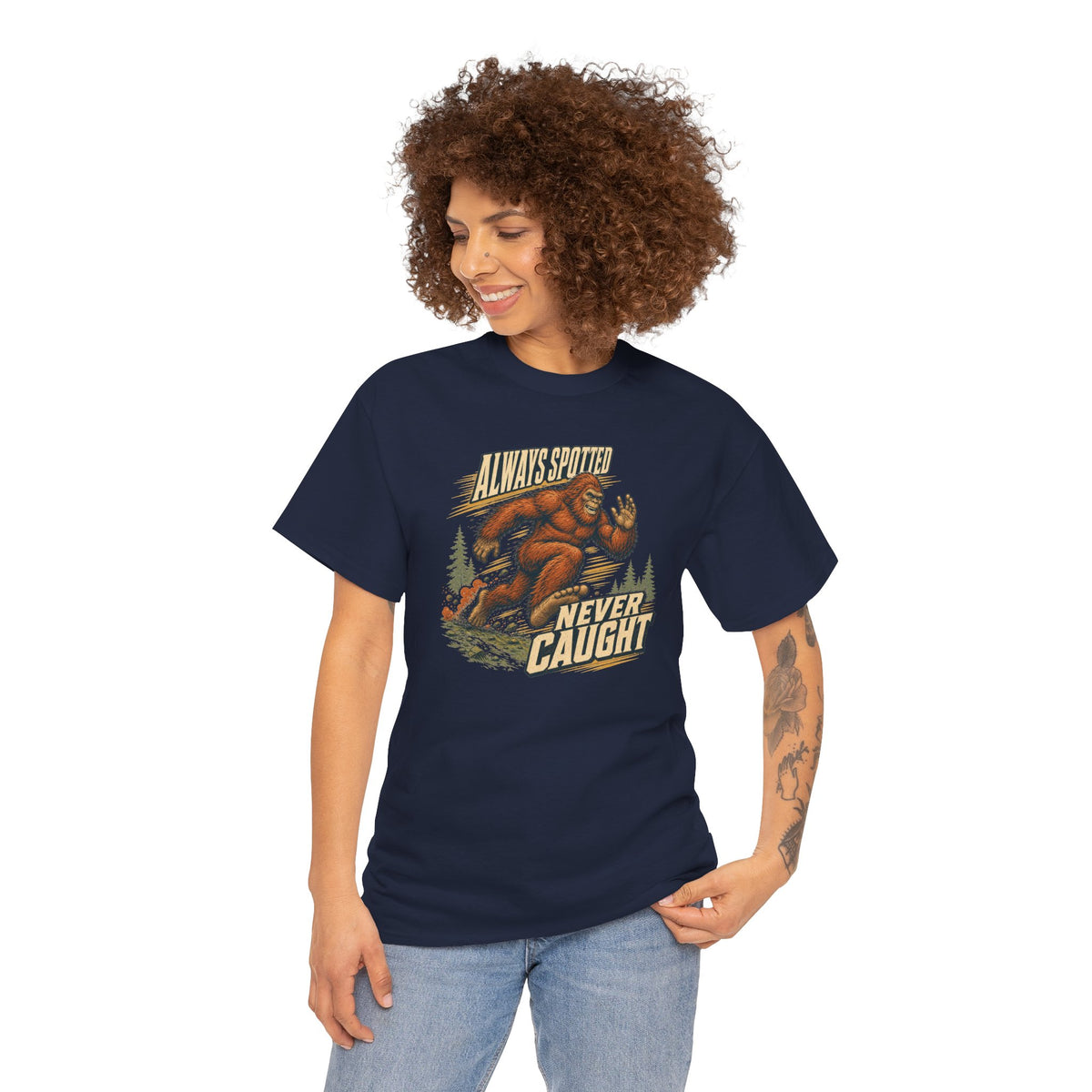 Always Spotted Never Caught T-Shirt - Funny Bigfoot Running Graphic Tee
