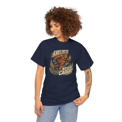 Always Spotted Never Caught T-Shirt - Funny Bigfoot Running Graphic Tee