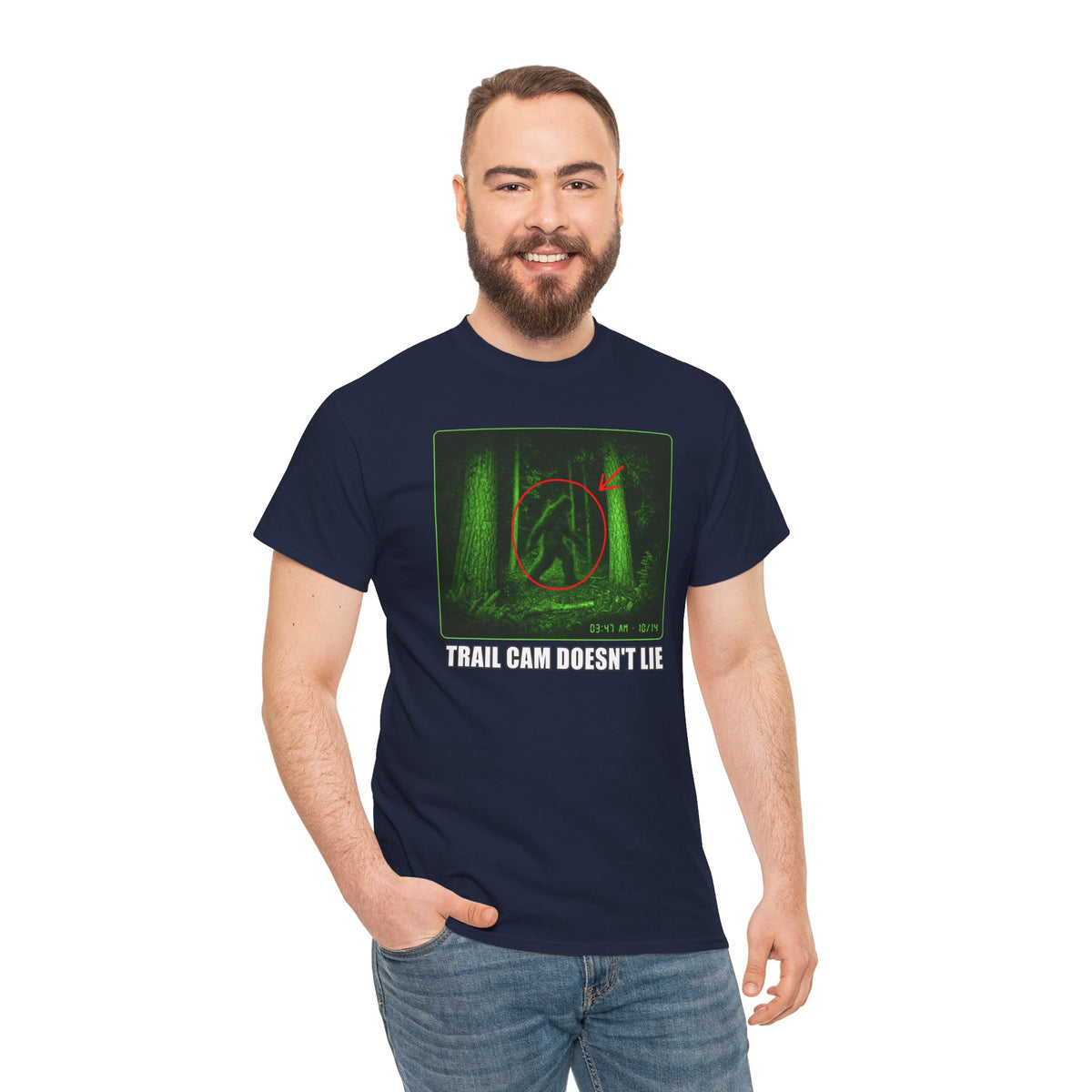 Trail Cam Doesn't Lie T-Shirt - Funny Night Vision Bigfoot Graphic Tee