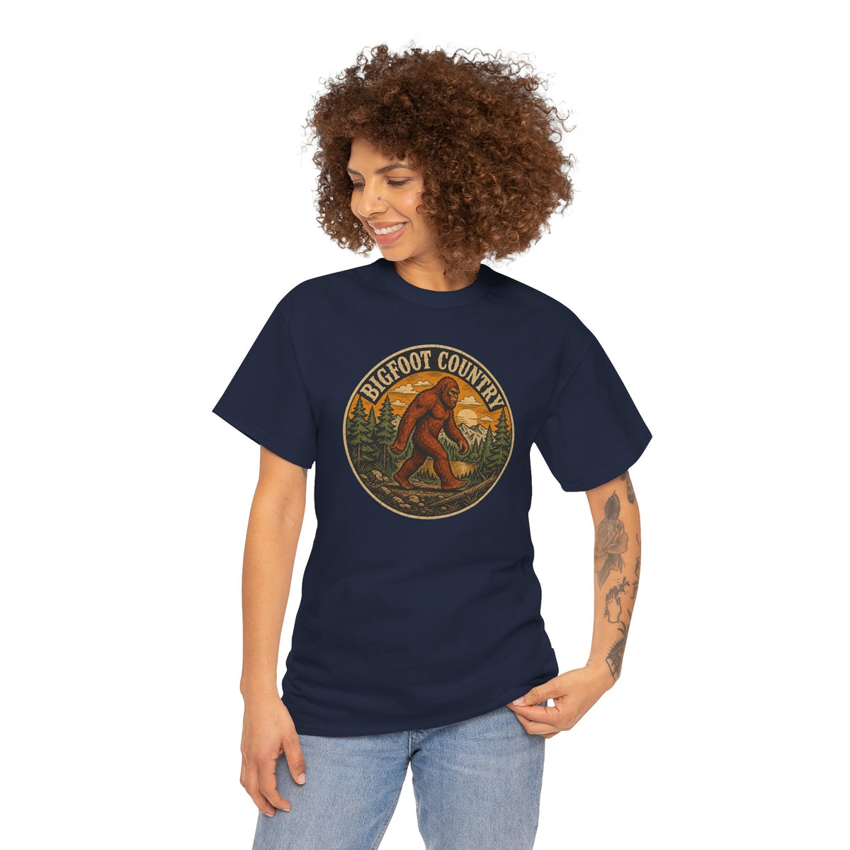 Bigfoot Country Vintage T-Shirt - Retro Sasquatch Forest Sunset Graphic Tee - Funny Cryptid Camper Gift