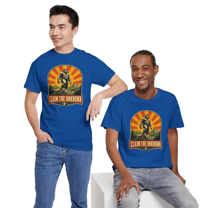 Claim The Unknown T-Shirt – Retro Bigfoot Sunburst Travel Poster Tee