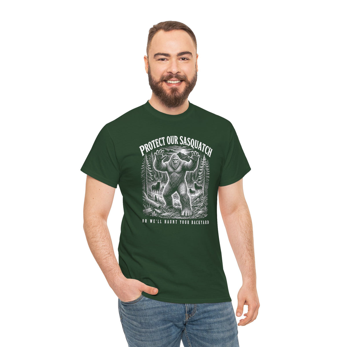 Protect Our Sasquatch T-Shirt - Woodcut Scratchboard Bigfoot Graphic Tee