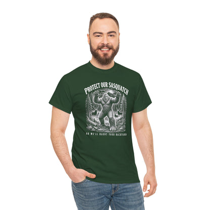 Protect Our Sasquatch T-Shirt - Woodcut Scratchboard Bigfoot Graphic Tee