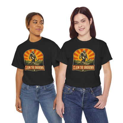 Claim The Unknown T-Shirt – Retro Bigfoot Sunburst Travel Poster Tee