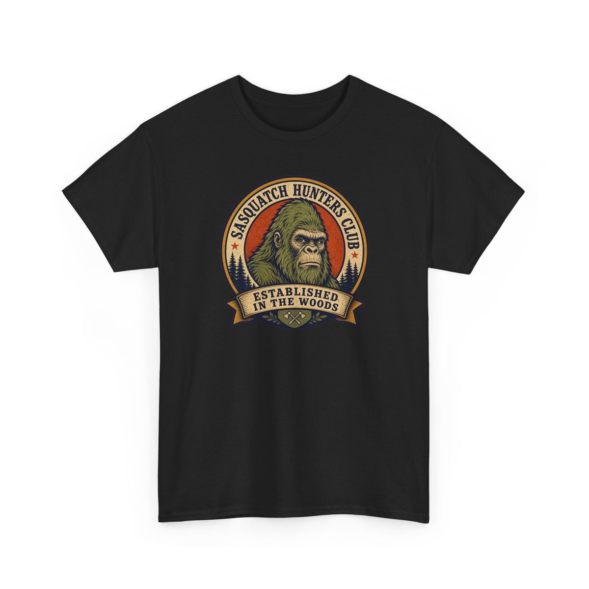 Sasquatch Hunters Club T-Shirt – Retro Bigfoot Emblem Badge Graphic Tee