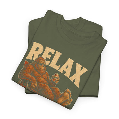 Relax Nobody Believes In Me T-Shirt - Funny Bigfoot Camp Chair Tee