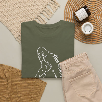 Minimalist Bigfoot Line Art T-Shirt - Stay Wild Boho Graphic Tee
