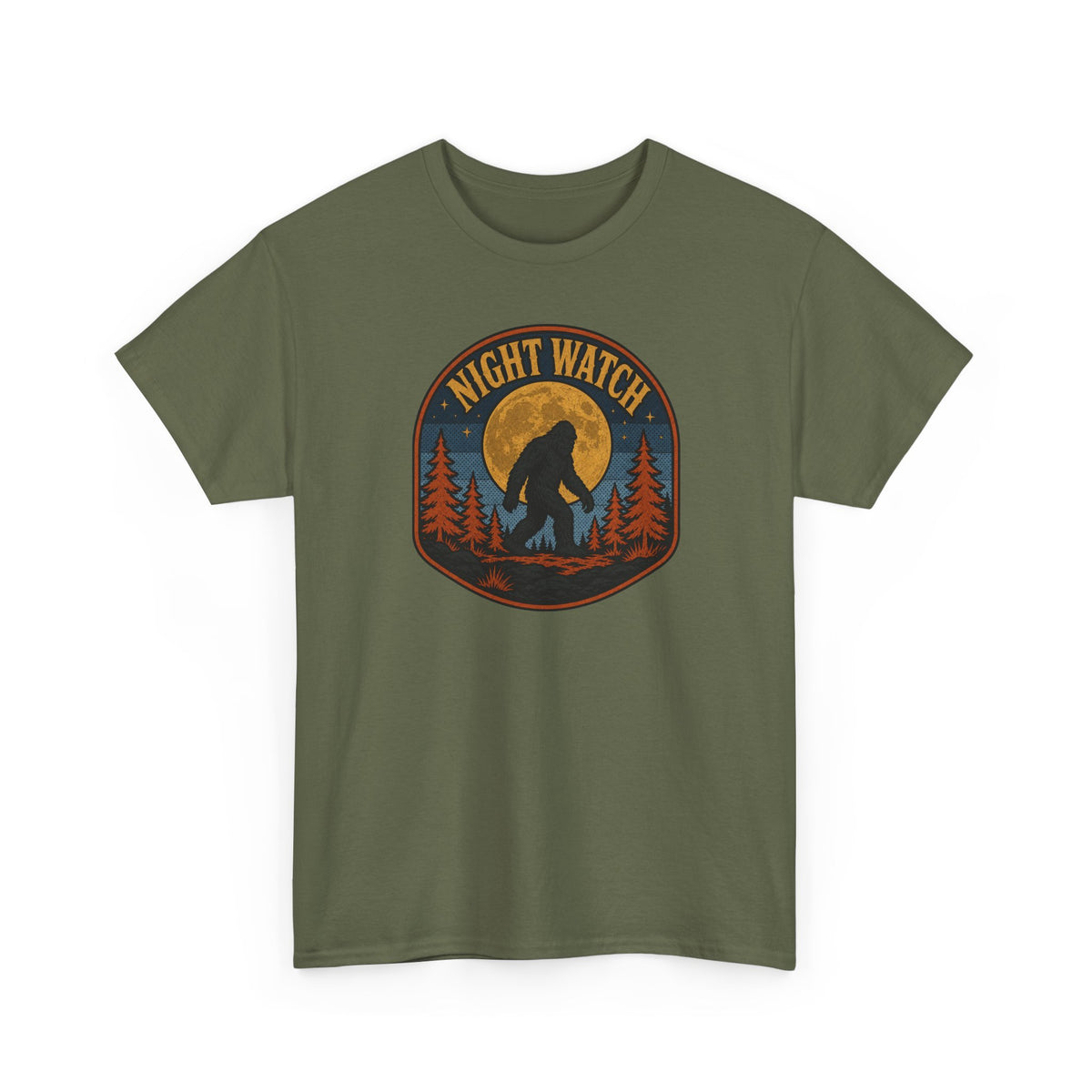 Sasquatch Night Watch T-Shirt - Retro Bigfoot Full Moon Badge Graphic Tee