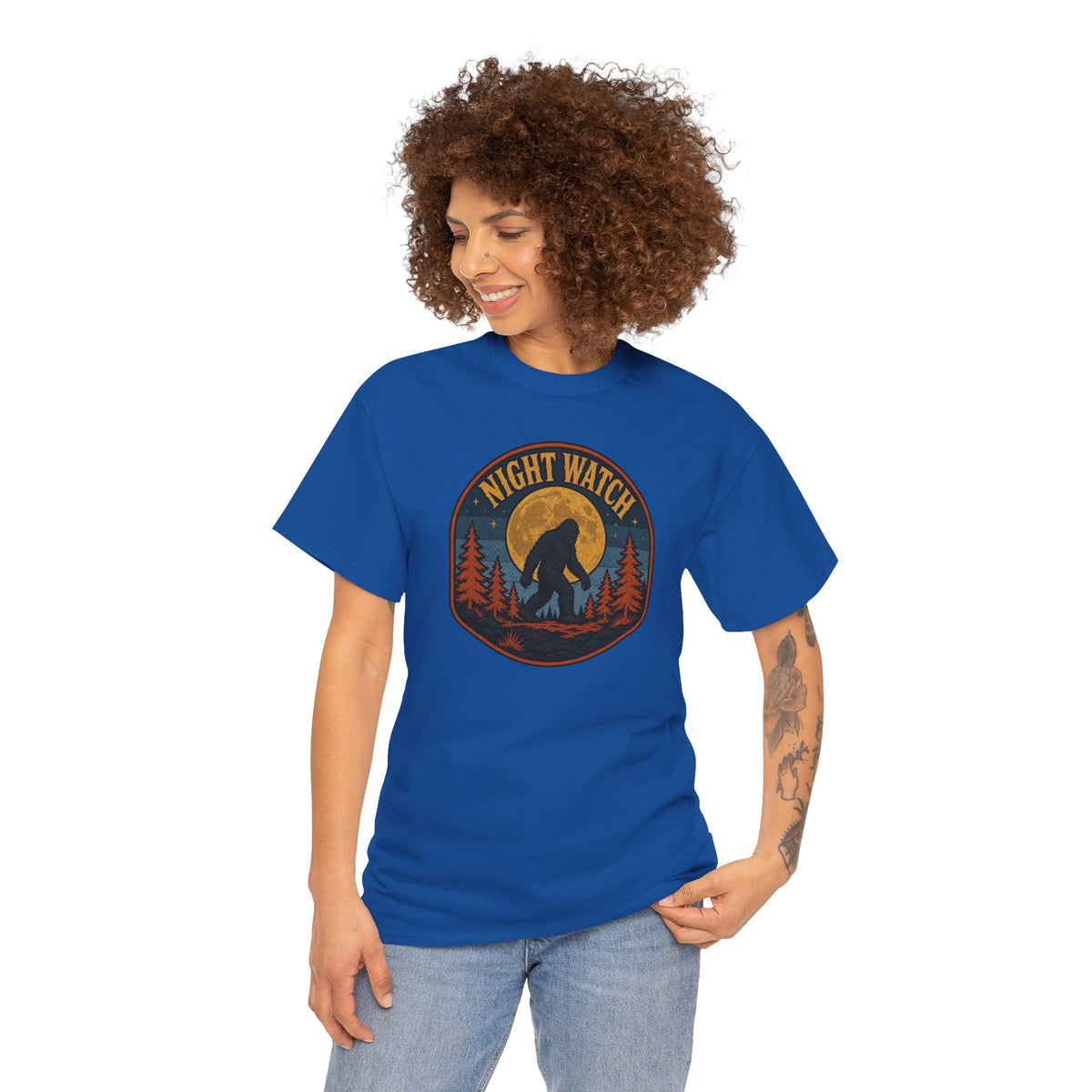Sasquatch Night Watch T-Shirt - Retro Bigfoot Full Moon Badge Graphic Tee
