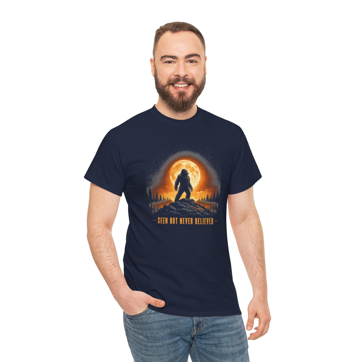 Atmospheric silhouette of a Bigfoot standing majestically in front of a glowing full moon on a hilltop T-Shirt - Atmospheric Gradient Sky Graphic Tee