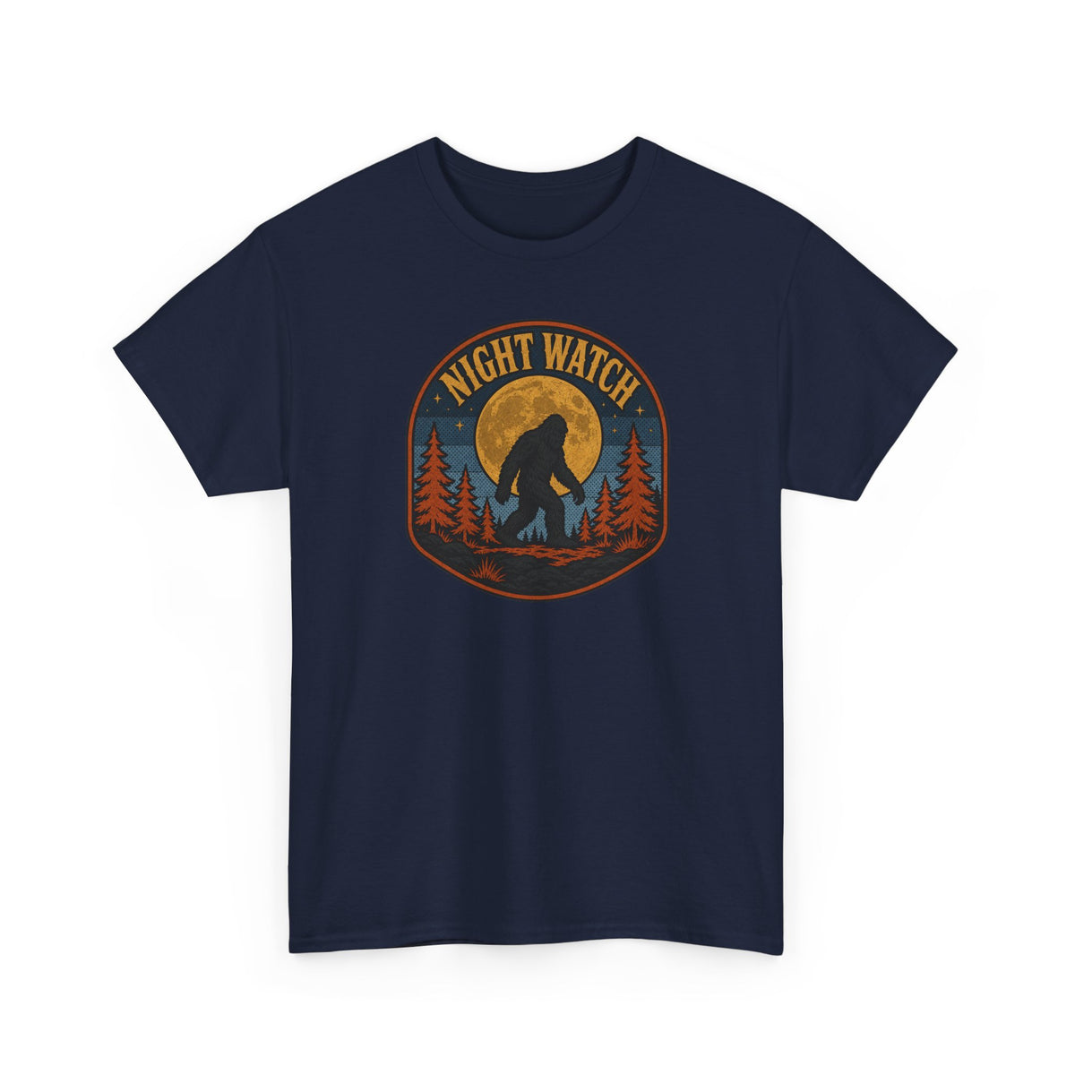Sasquatch Night Watch T-Shirt - Retro Bigfoot Full Moon Badge Graphic Tee