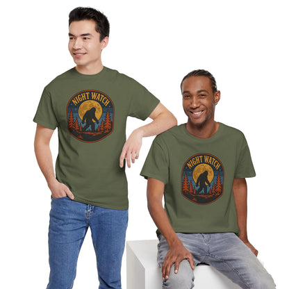Sasquatch Night Watch T-Shirt - Retro Bigfoot Full Moon Badge Graphic Tee