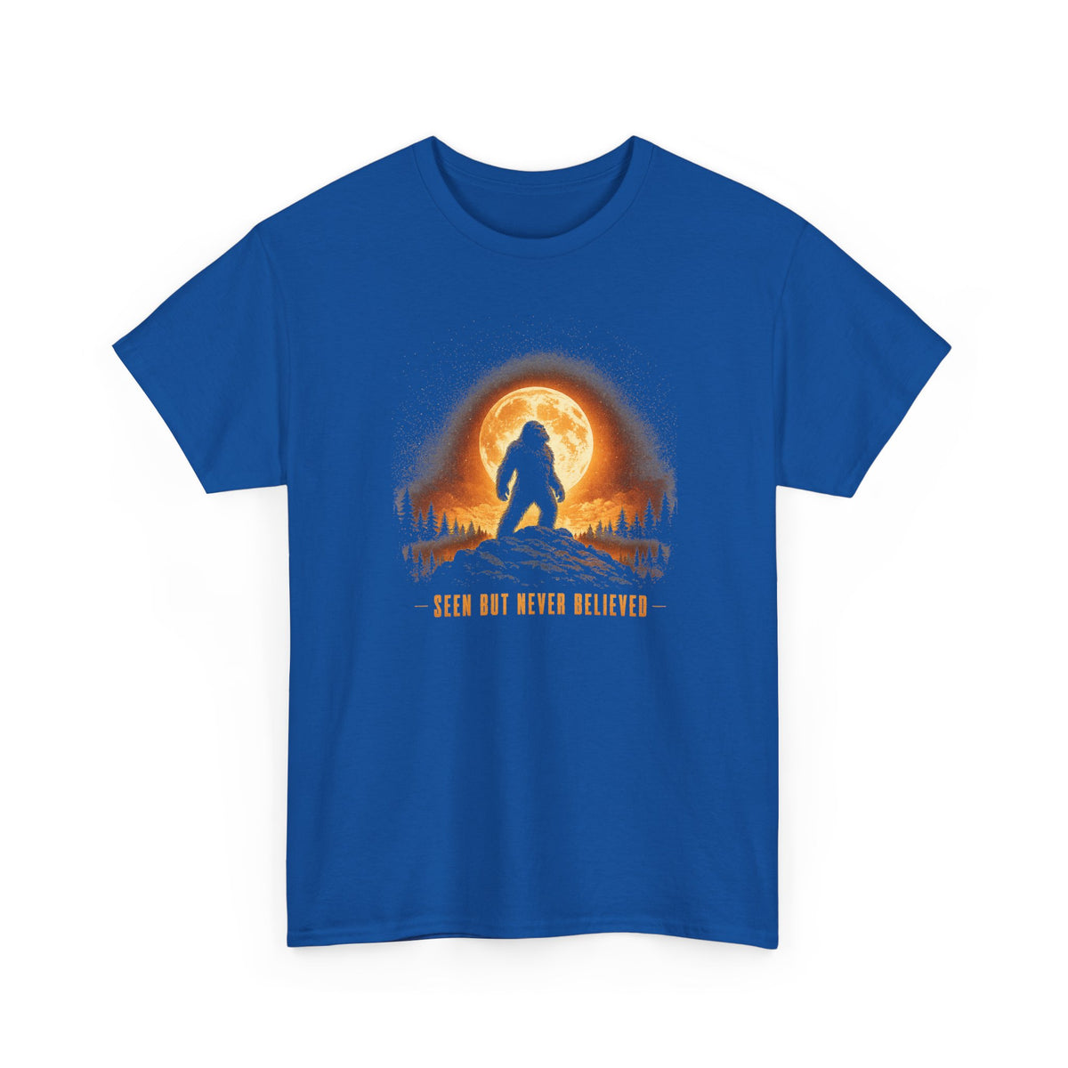Atmospheric silhouette of a Bigfoot standing majestically in front of a glowing full moon on a hilltop T-Shirt - Atmospheric Gradient Sky Graphic Tee