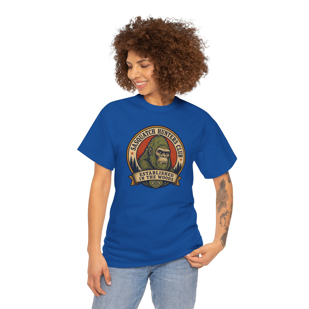 Sasquatch Hunters Club T-Shirt – Retro Bigfoot Emblem Badge Graphic Tee