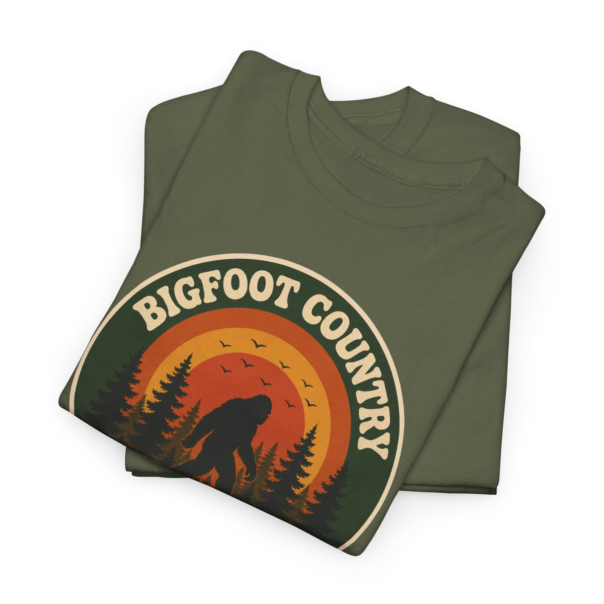 Bigfoot Country Sunset Badge T-Shirt - Retro Circular Graphic Tee