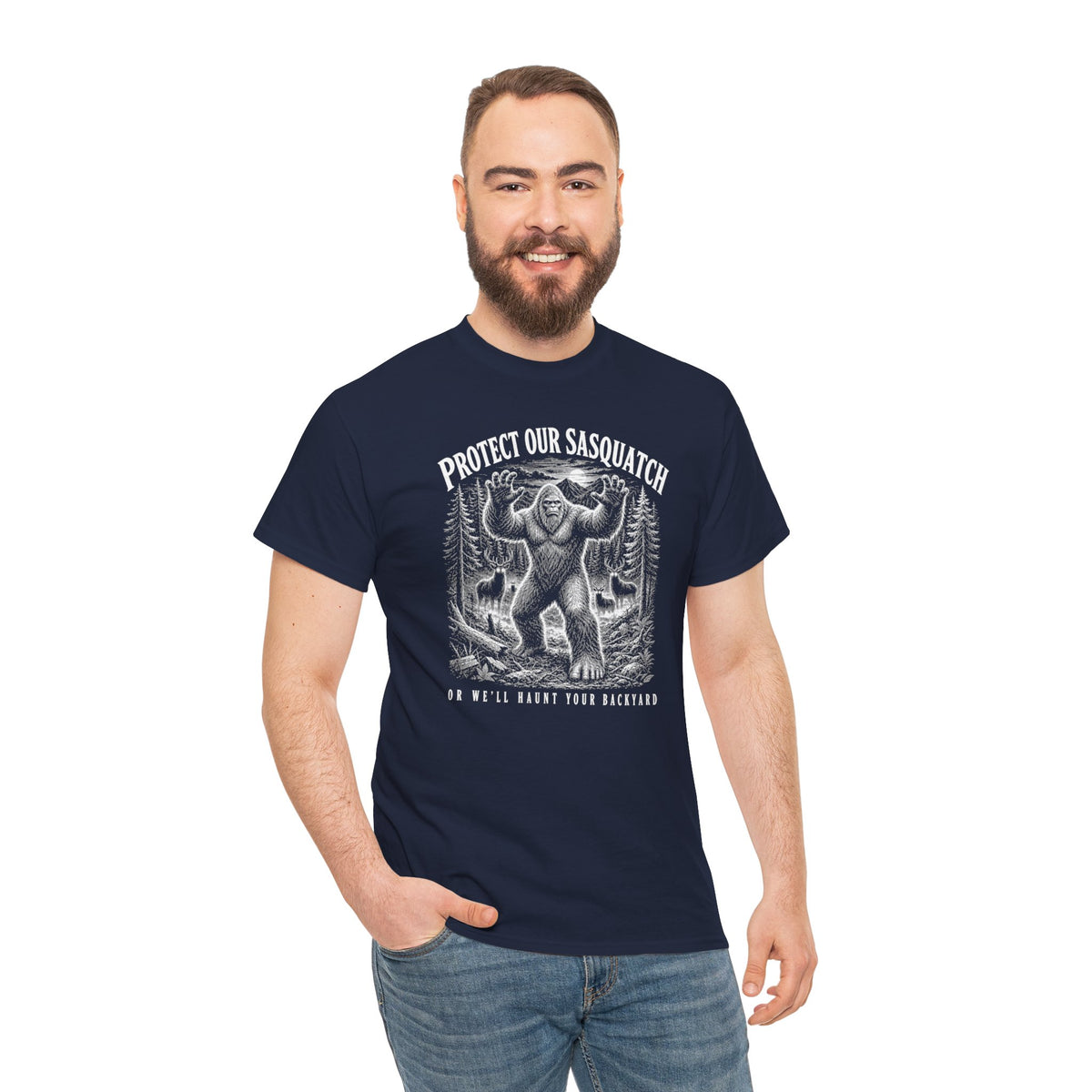 Protect Our Sasquatch T-Shirt - Woodcut Scratchboard Bigfoot Graphic Tee