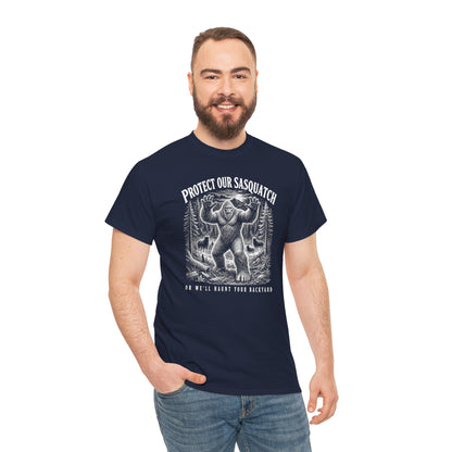 Protect Our Sasquatch T-Shirt - Woodcut Scratchboard Bigfoot Graphic Tee