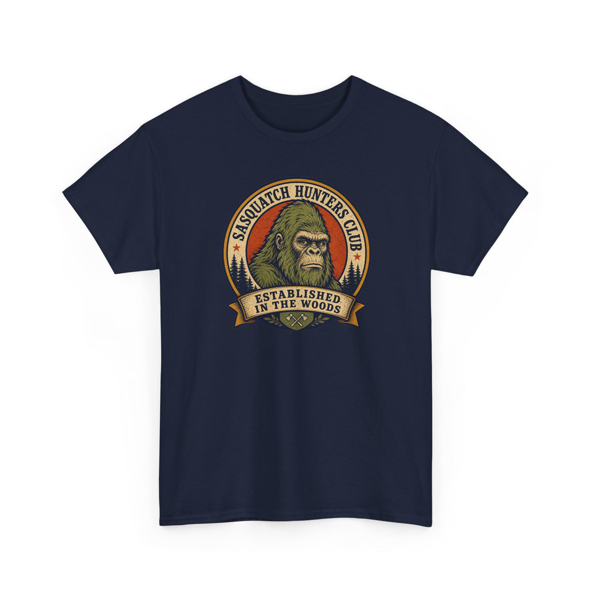 Sasquatch Hunters Club T-Shirt – Retro Bigfoot Emblem Badge Graphic Tee