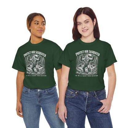 Protect Our Sasquatch T-Shirt - Woodcut Scratchboard Bigfoot Graphic Tee