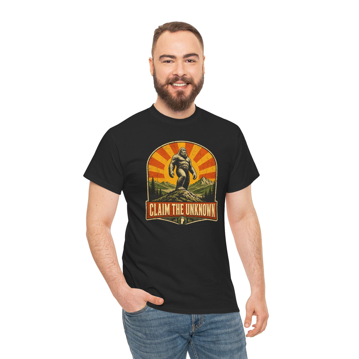 Claim The Unknown T-Shirt – Retro Bigfoot Sunburst Travel Poster Tee