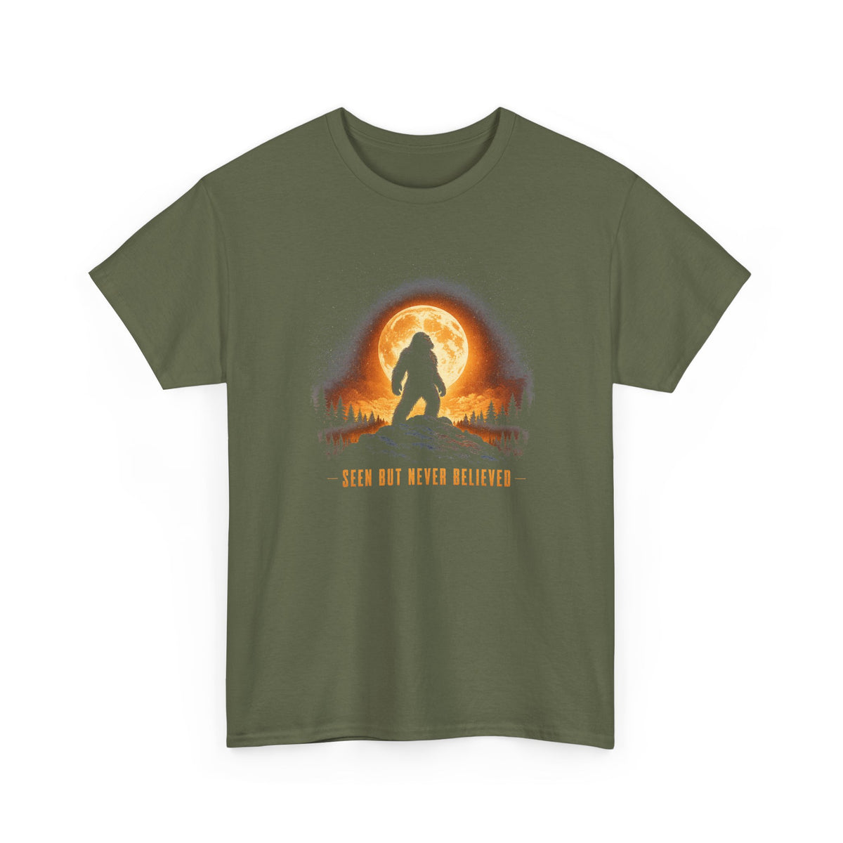 Atmospheric silhouette of a Bigfoot standing majestically in front of a glowing full moon on a hilltop T-Shirt - Atmospheric Gradient Sky Graphic Tee