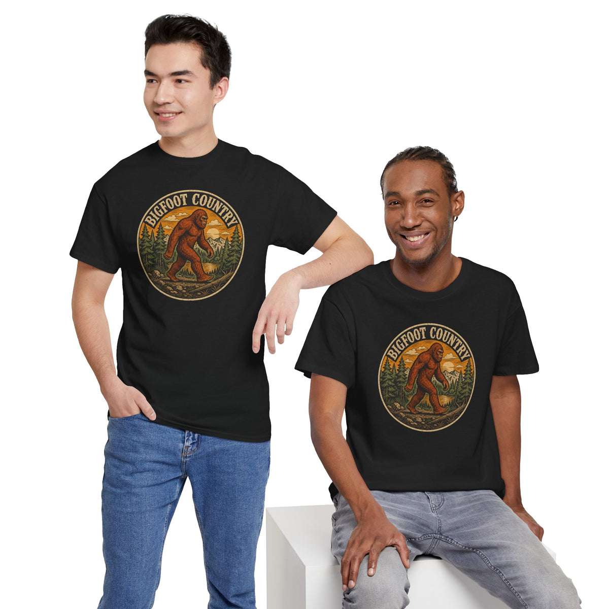 Bigfoot Country Vintage T-Shirt - Retro Sasquatch Forest Sunset Graphic Tee - Funny Cryptid Camper Gift
