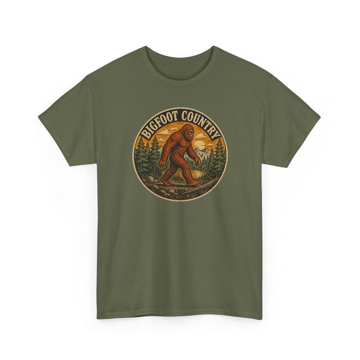 Bigfoot Country Vintage T-Shirt - Retro Sasquatch Forest Sunset Graphic Tee - Funny Cryptid Camper Gift