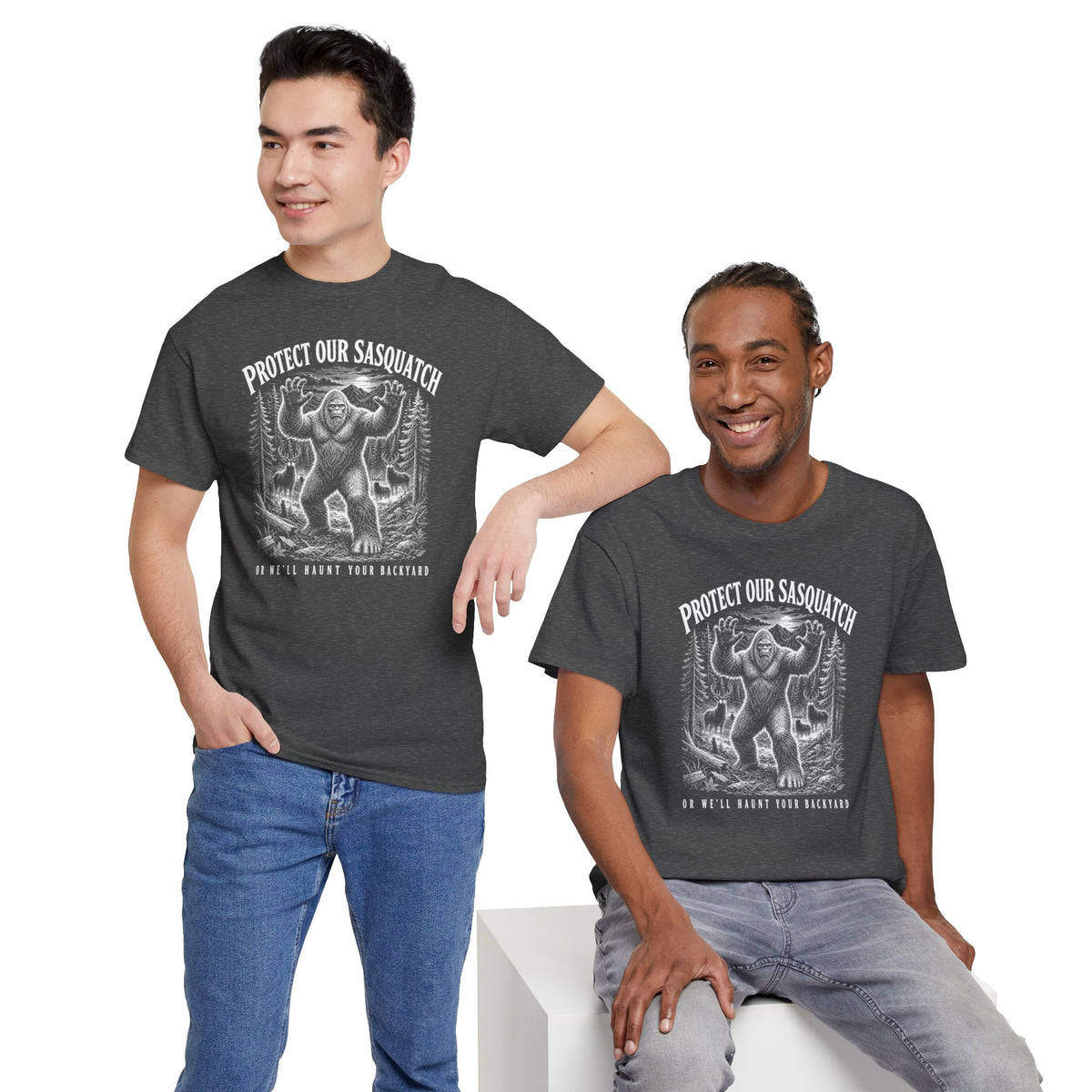 Protect Our Sasquatch T-Shirt - Woodcut Scratchboard Bigfoot Graphic Tee