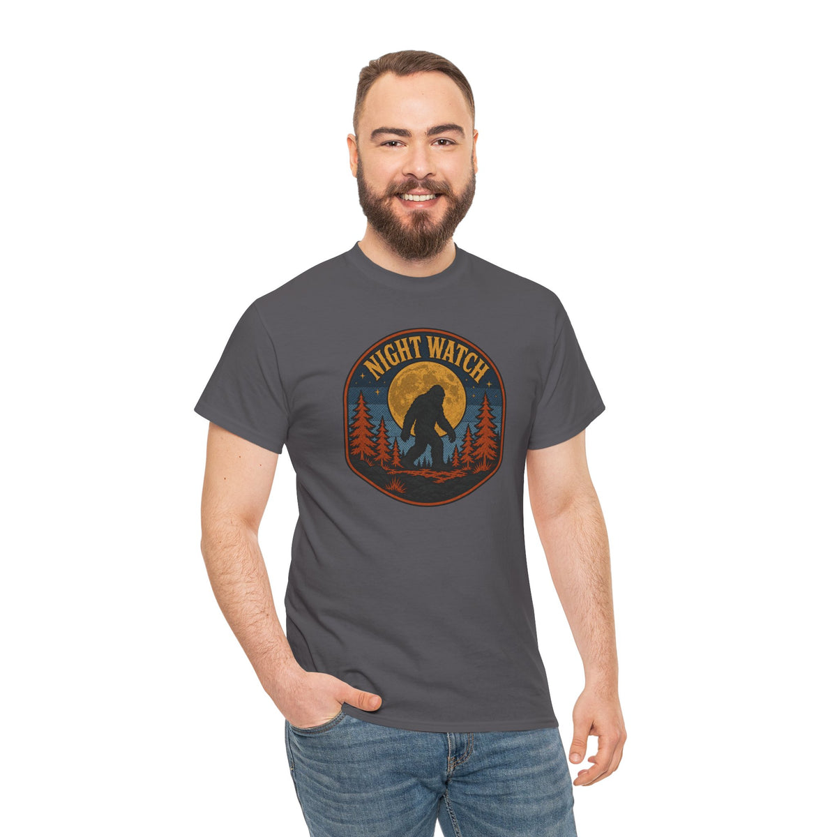 Sasquatch Night Watch T-Shirt - Retro Bigfoot Full Moon Badge Graphic Tee