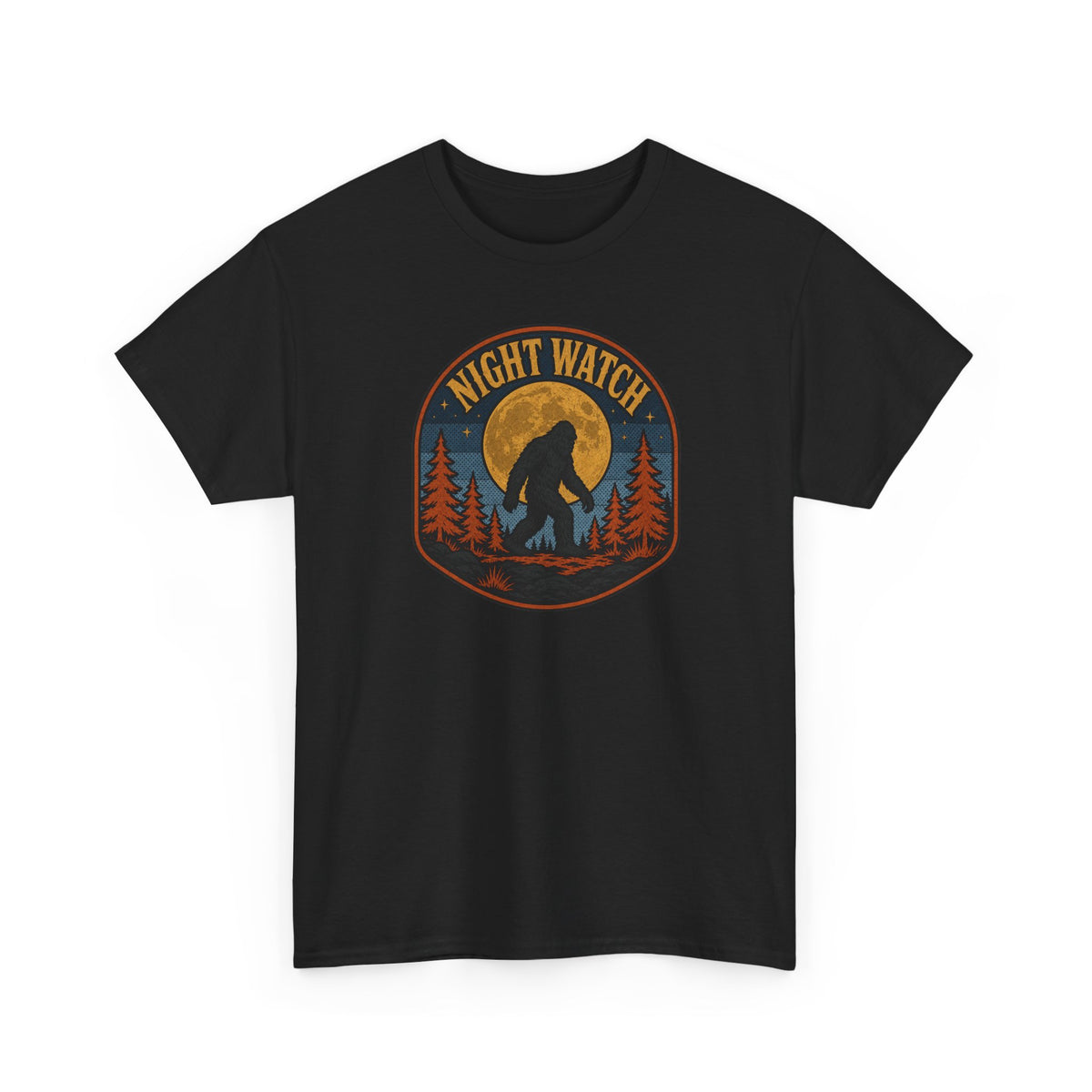 Sasquatch Night Watch T-Shirt - Retro Bigfoot Full Moon Badge Graphic Tee