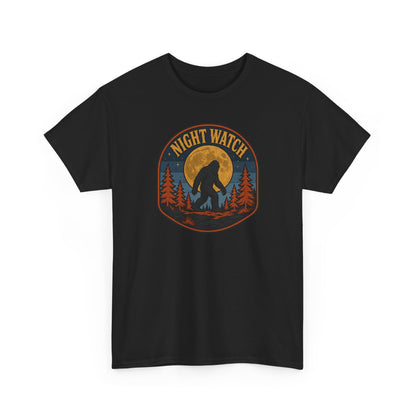 Sasquatch Night Watch T-Shirt - Retro Bigfoot Full Moon Badge Graphic Tee