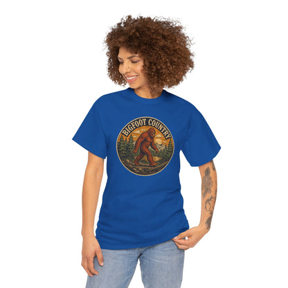 Bigfoot Country Vintage T-Shirt - Retro Sasquatch Forest Sunset Graphic Tee - Funny Cryptid Camper Gift