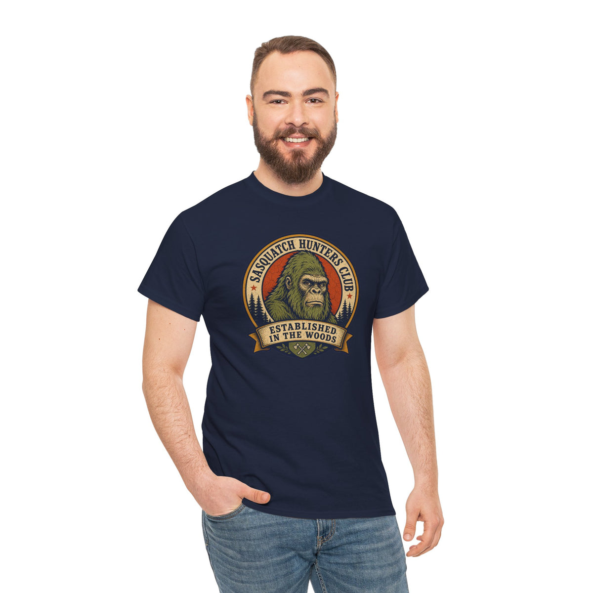 Sasquatch Hunters Club T-Shirt – Retro Bigfoot Emblem Badge Graphic Tee