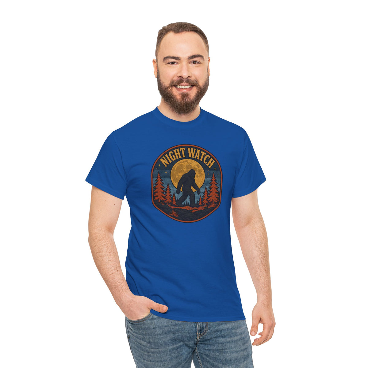 Sasquatch Night Watch T-Shirt - Retro Bigfoot Full Moon Badge Graphic Tee