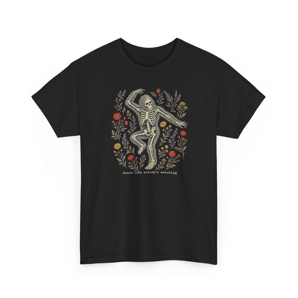 Dancing Bigfoot Skeleton T-Shirt - Whimsical Wildflower Graphic Tee
