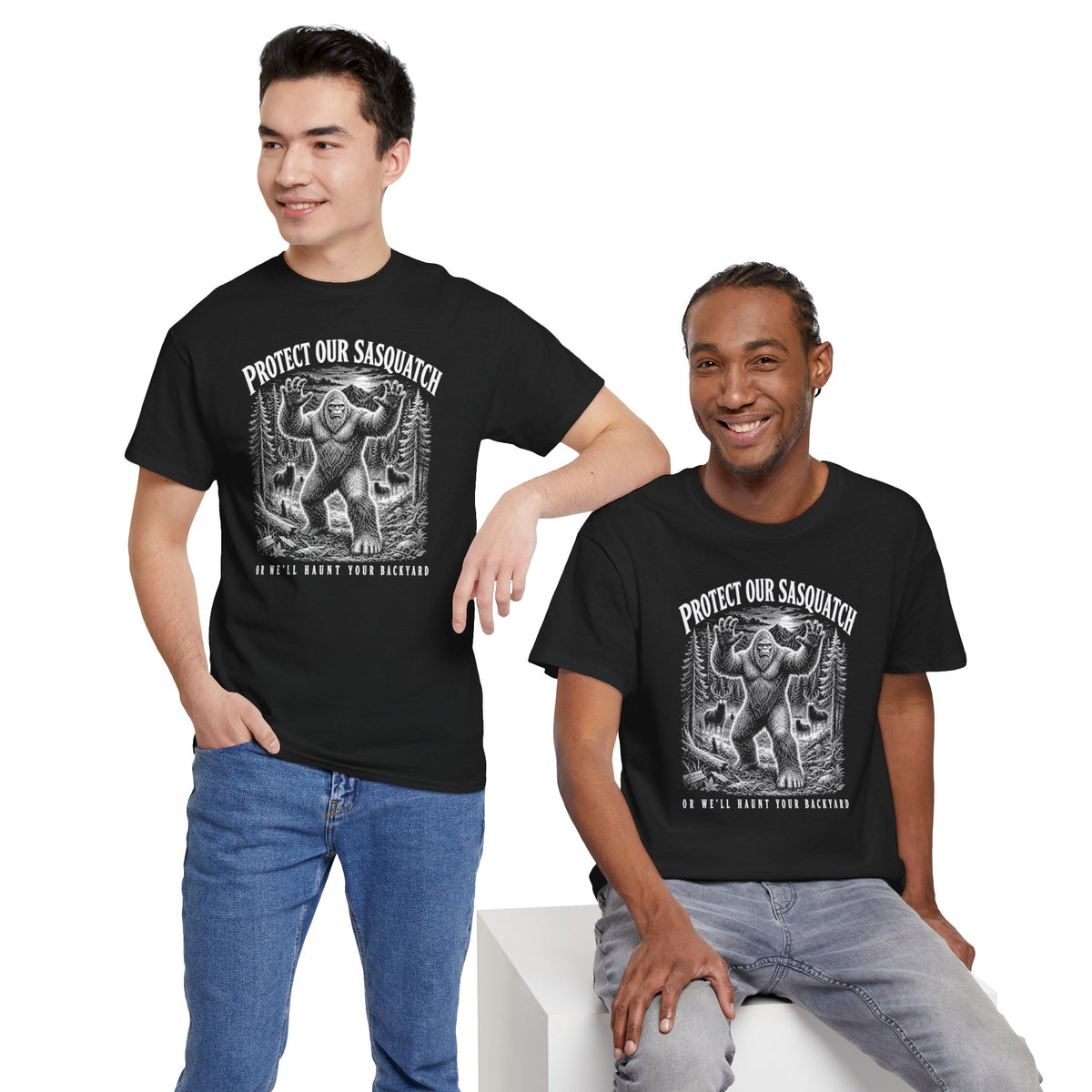 Protect Our Sasquatch T-Shirt - Woodcut Scratchboard Bigfoot Graphic Tee