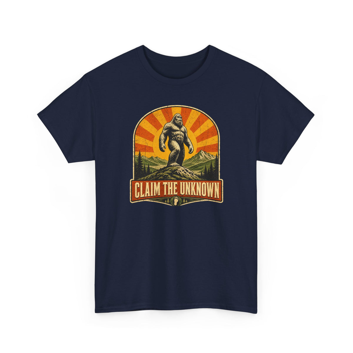 Claim The Unknown T-Shirt – Retro Bigfoot Sunburst Travel Poster Tee