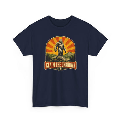 Claim The Unknown T-Shirt – Retro Bigfoot Sunburst Travel Poster Tee