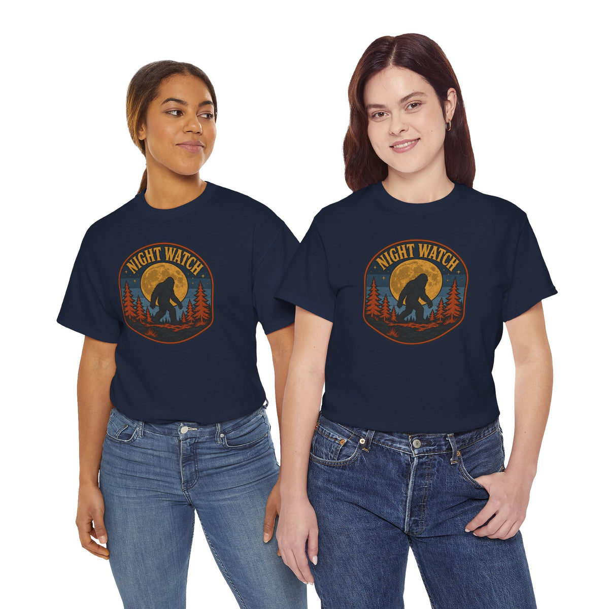 Sasquatch Night Watch T-Shirt - Retro Bigfoot Full Moon Badge Graphic Tee