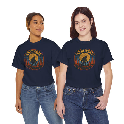 Sasquatch Night Watch T-Shirt - Retro Bigfoot Full Moon Badge Graphic Tee